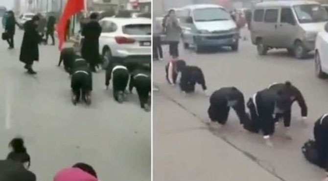 چینی کمپنی کی ملازموں کو سڑک پر ہاتھ پاؤں کے بل چلنے کی سزا