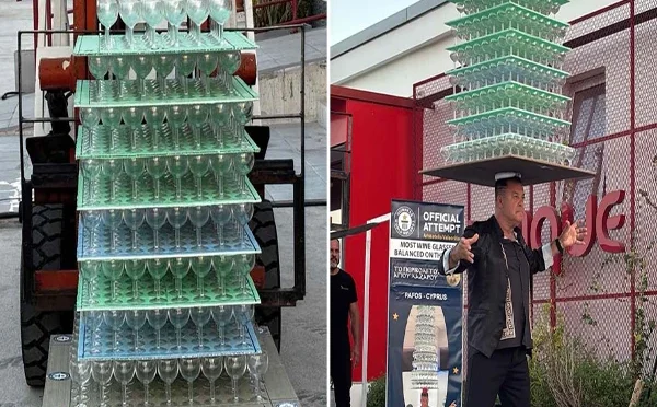 قبرص: پیشہ ور گلاس ڈانسر کا سر پر 511 گلاس توازن کیساتھ اٹھانے کا عالمی ریکارڈ