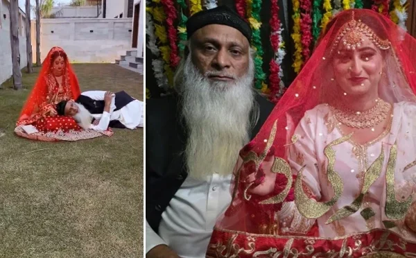 دلہن کی گود میں سر رکھ کر فوٹو شوٹ، 60 سالہ حکیم کی ویڈیوز پر صارفین برہم