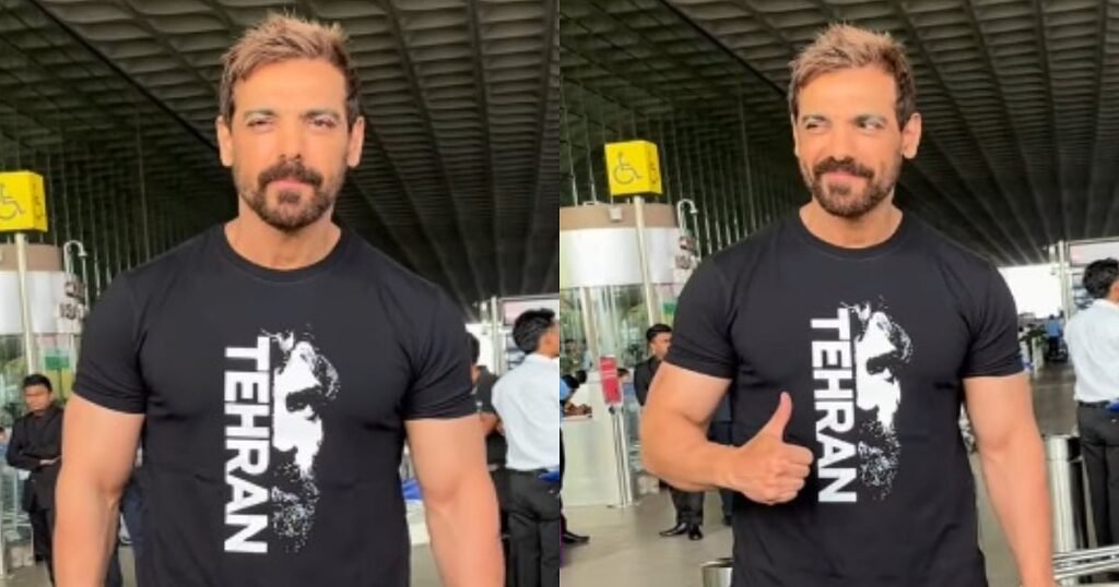 ممبئی ایئرپورٹ پر جان ابراہم تہران کے نام کی شرٹ پہنے نظر آئے، سوشل میڈیا پر ہنگامہ